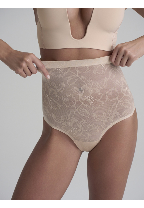 BYE BRA String Gainant en Dentelle Taille Haute Beige ()