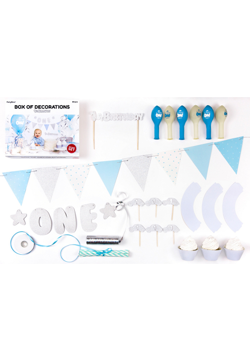 Set de décorations de fête - 1er anniversaire bleu/argent