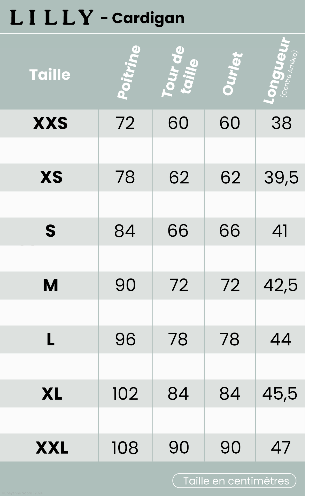 Cardigan Lilly tableau des tailles