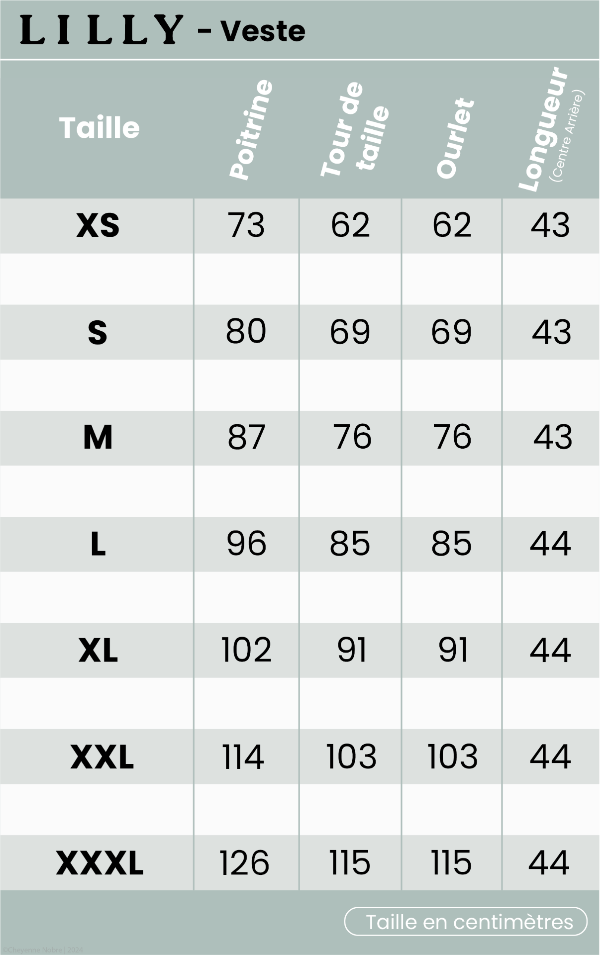 Veste Lilly tableau des tailles