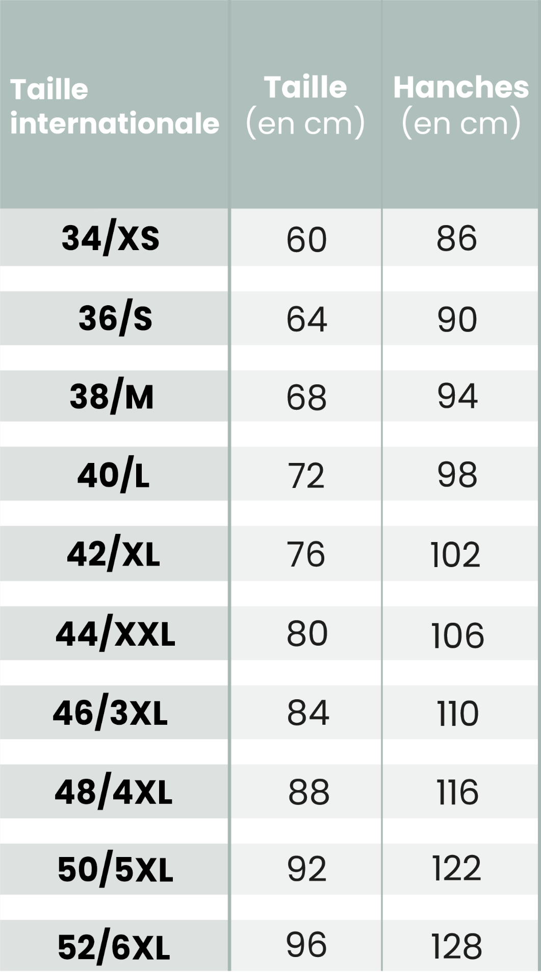 Tableau des tailles Jupes Bianco Evento