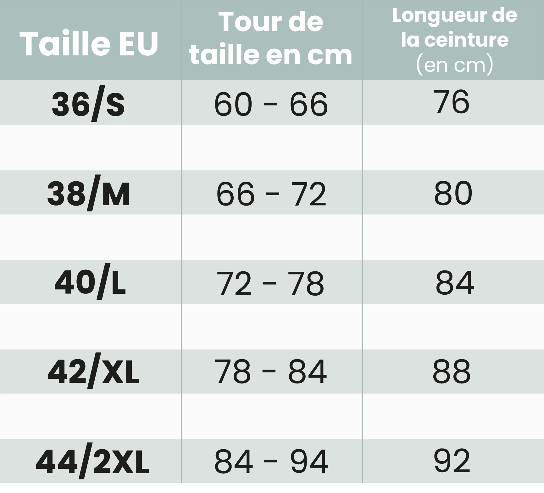 Tableau des tailles de ceinture Bianco Evento